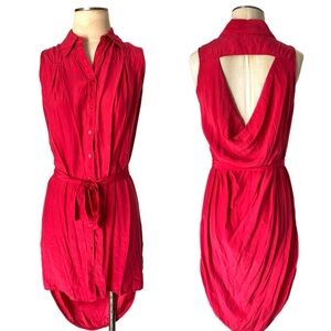 AB Studio 100% Silk High Low Belted Shirt Dress Sleeveless Keyhole Draped Back